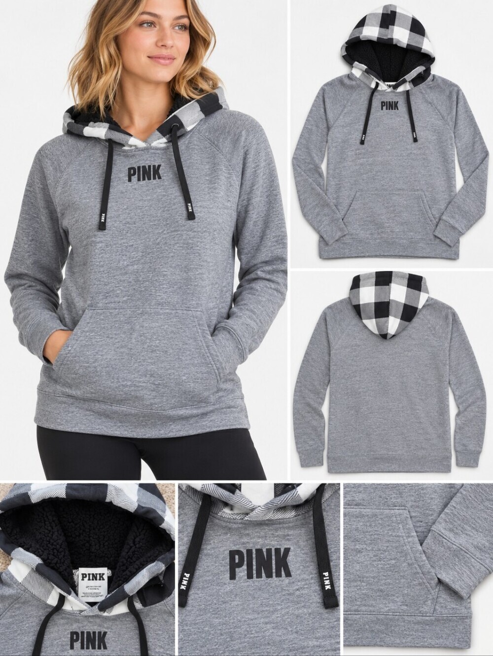 PINK Black & White Plaid-Lined Grey Hoodie